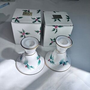 Vintage Mikasa Ribbon Holly set bone china candleholders‎ 2 christmas fine china